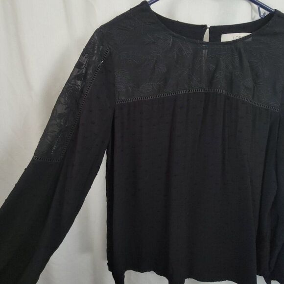 Loft Black Blouse Lace Yoke long sleeves Large Rayon Polyester keyhole EUC - Picture 7 of 12